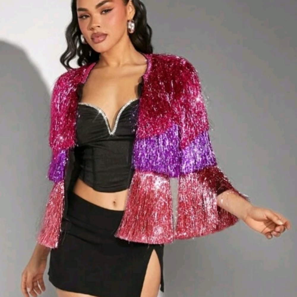 Colorblock Metallic Fringe Open Coat - Picture 5 of 6